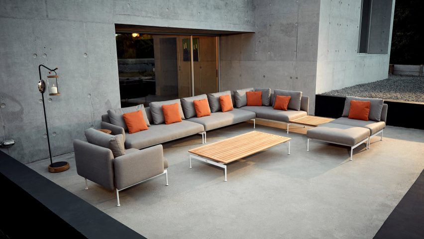 Sofa and coffee table from Layout outdoor collection by Andrew Jones and Nathalie de Level for Barlow Tyrie