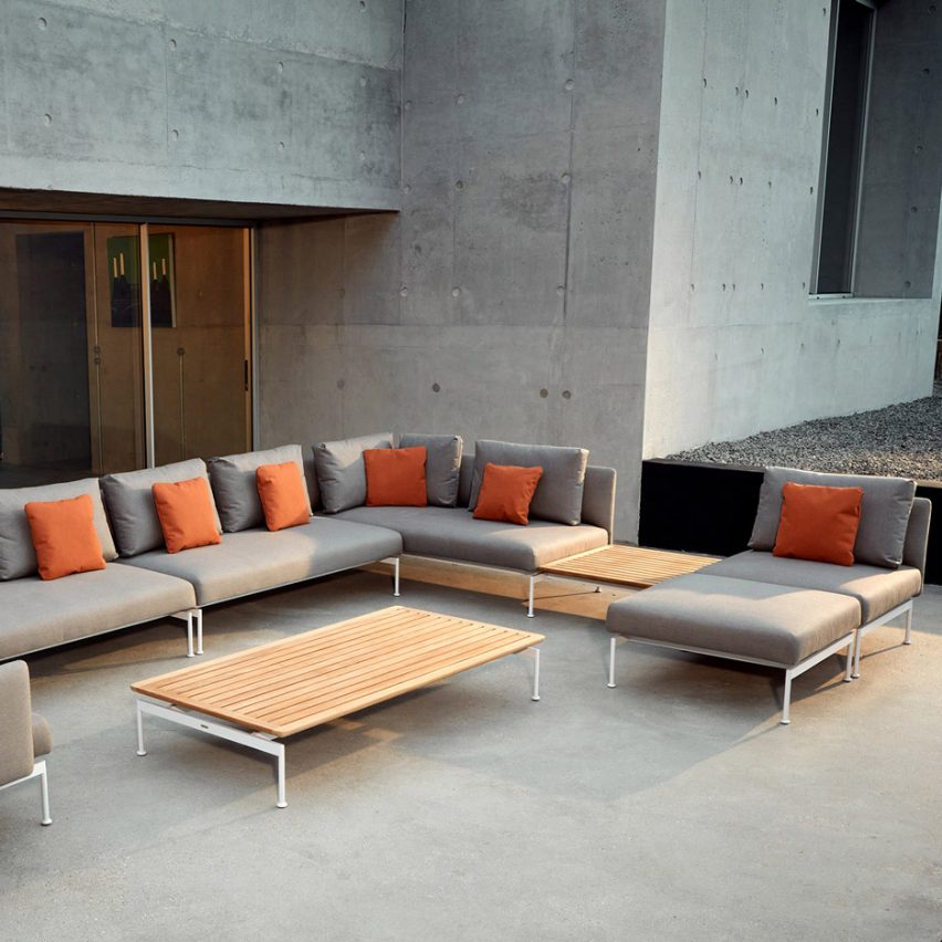 Sofa and coffee table from Layout outdoor collection by Andrew Jones and Nathalie de Level for Barlow Tyrie