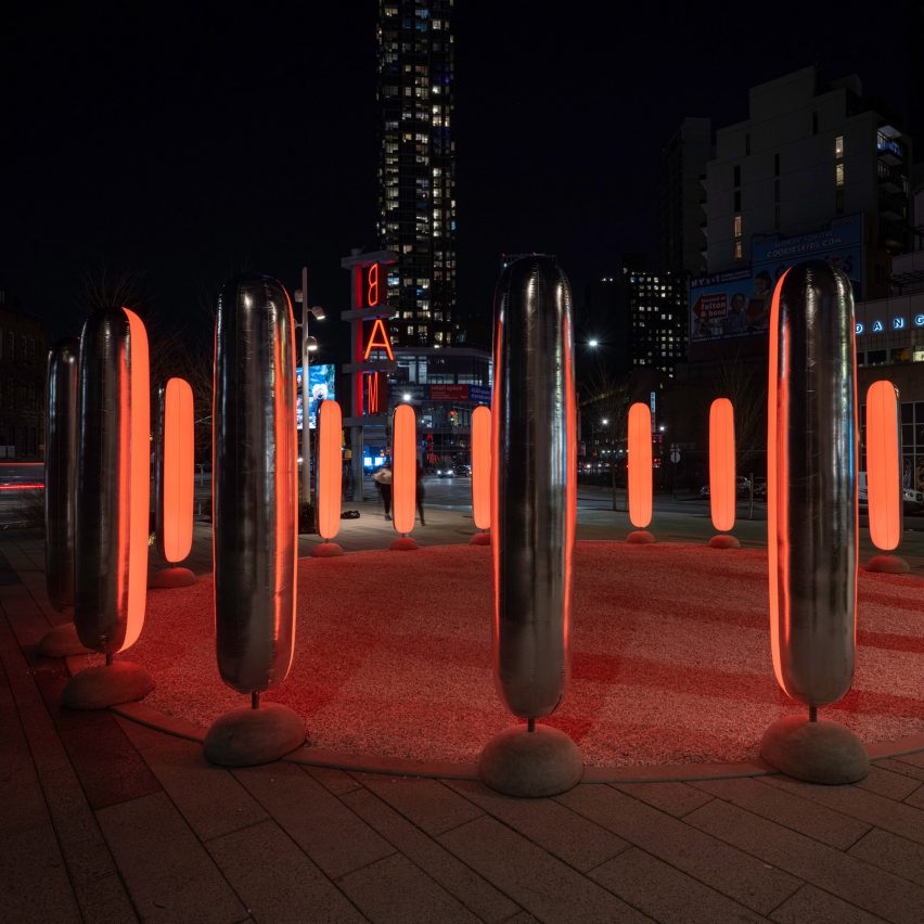 Inflatable pillars pulse with light to encourage deep breathing in Brooklyn