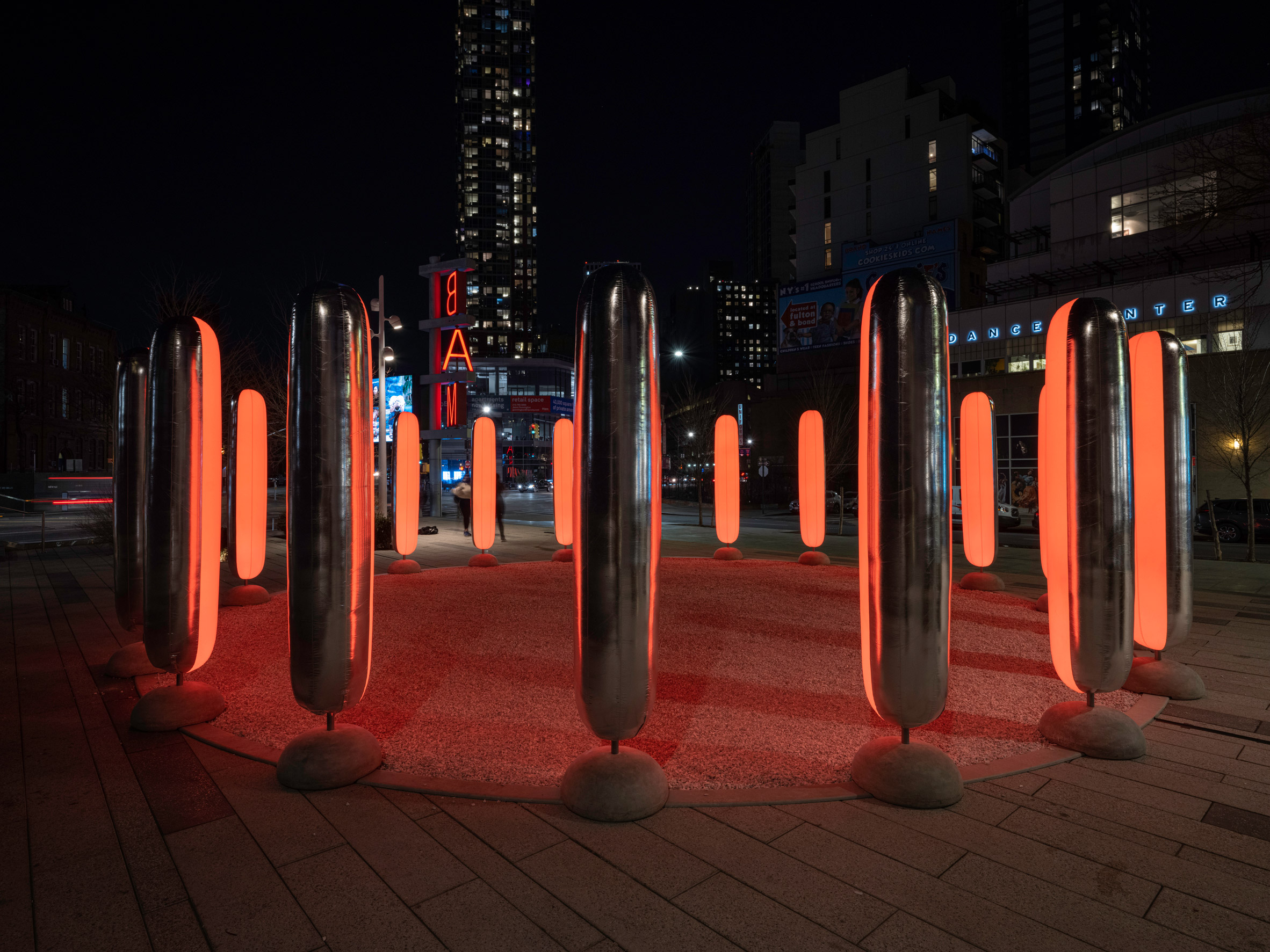Inflatable pillars pulse with light to encourage deep breathing in Brooklyn