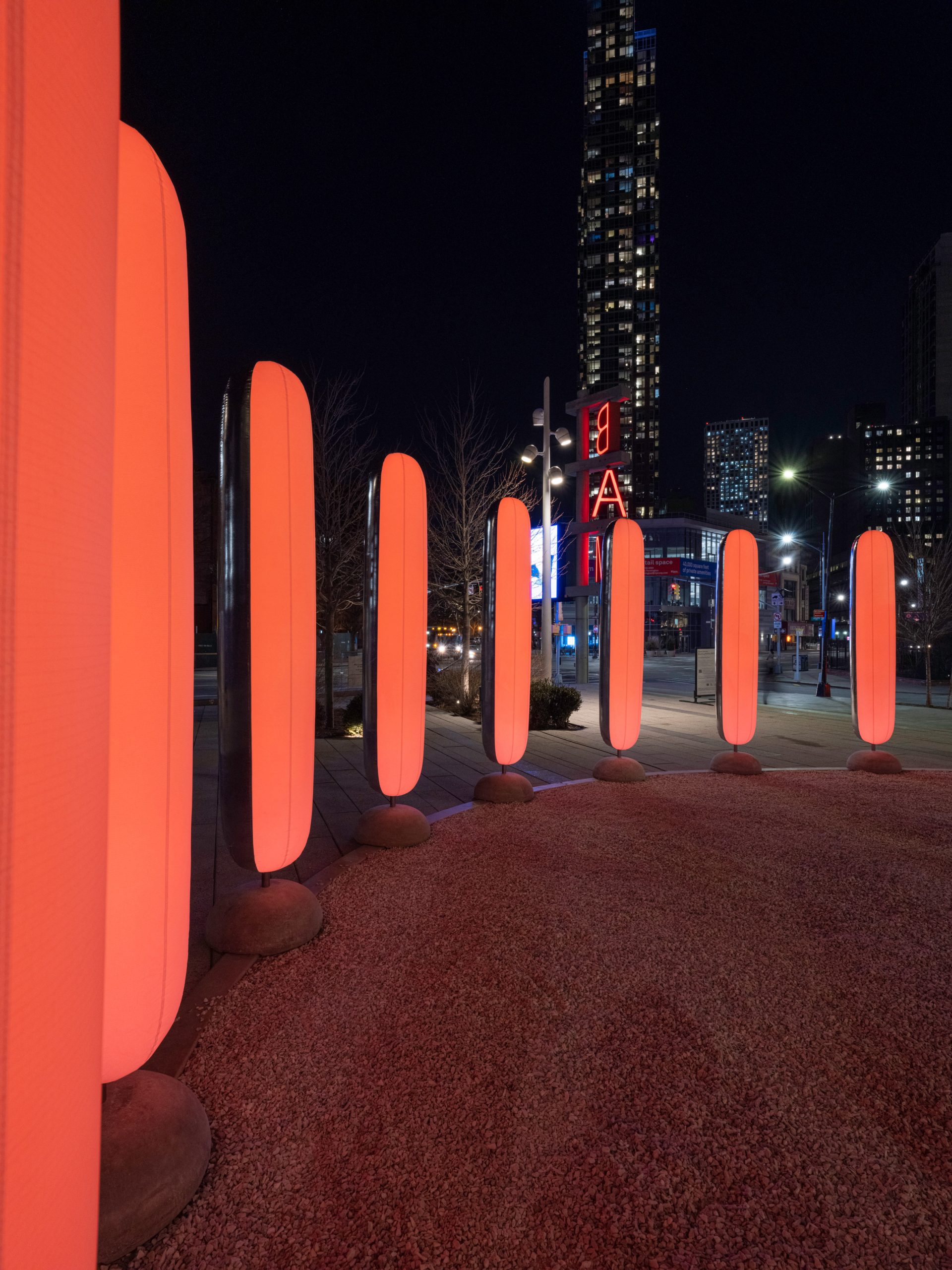 Inflatable pillars pulse with light to encourage deep breathing in