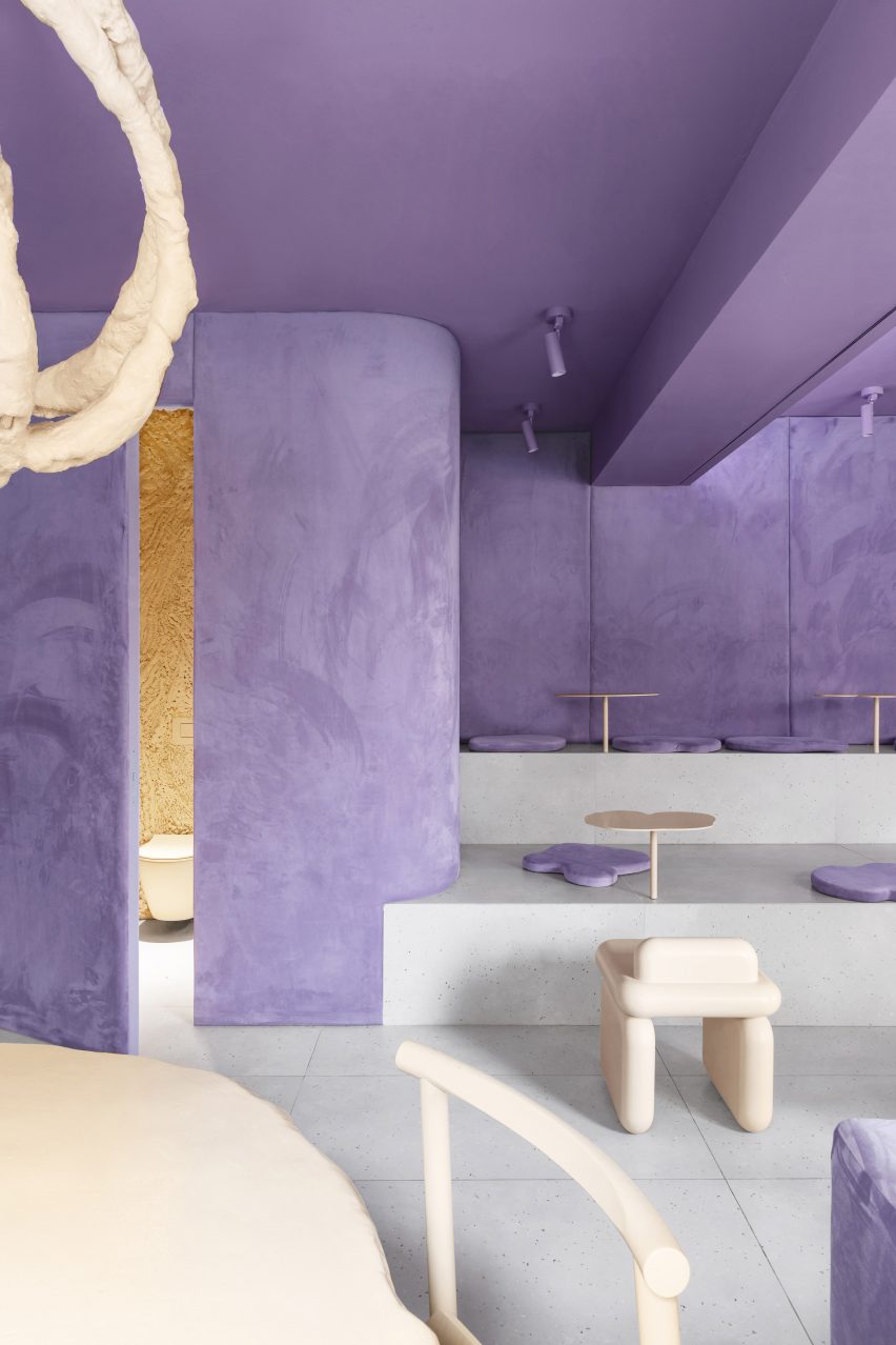 View of cafe with velvet purple walls