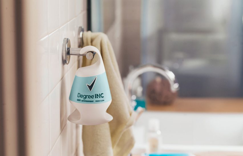 Deodorant packaging for people with disabilities by Unilever on a bathroom hook