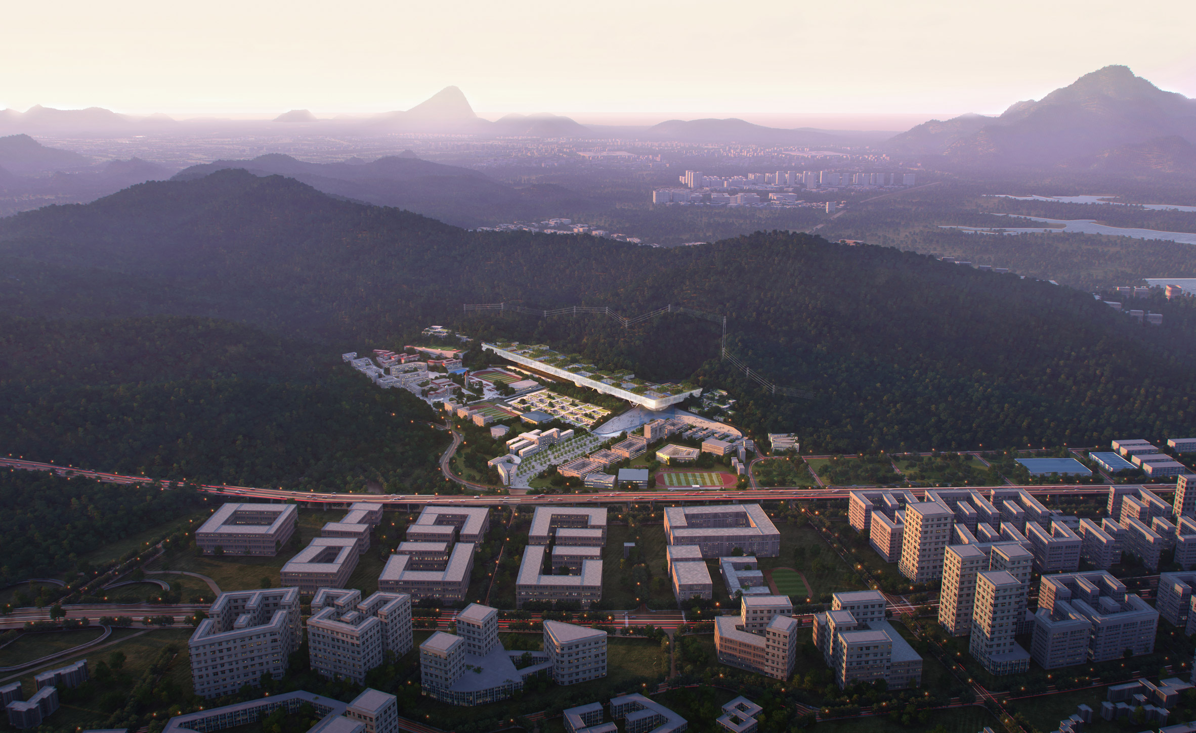 Aerial view of the university campus by Dominique Perrault Architects and Zhubo Design