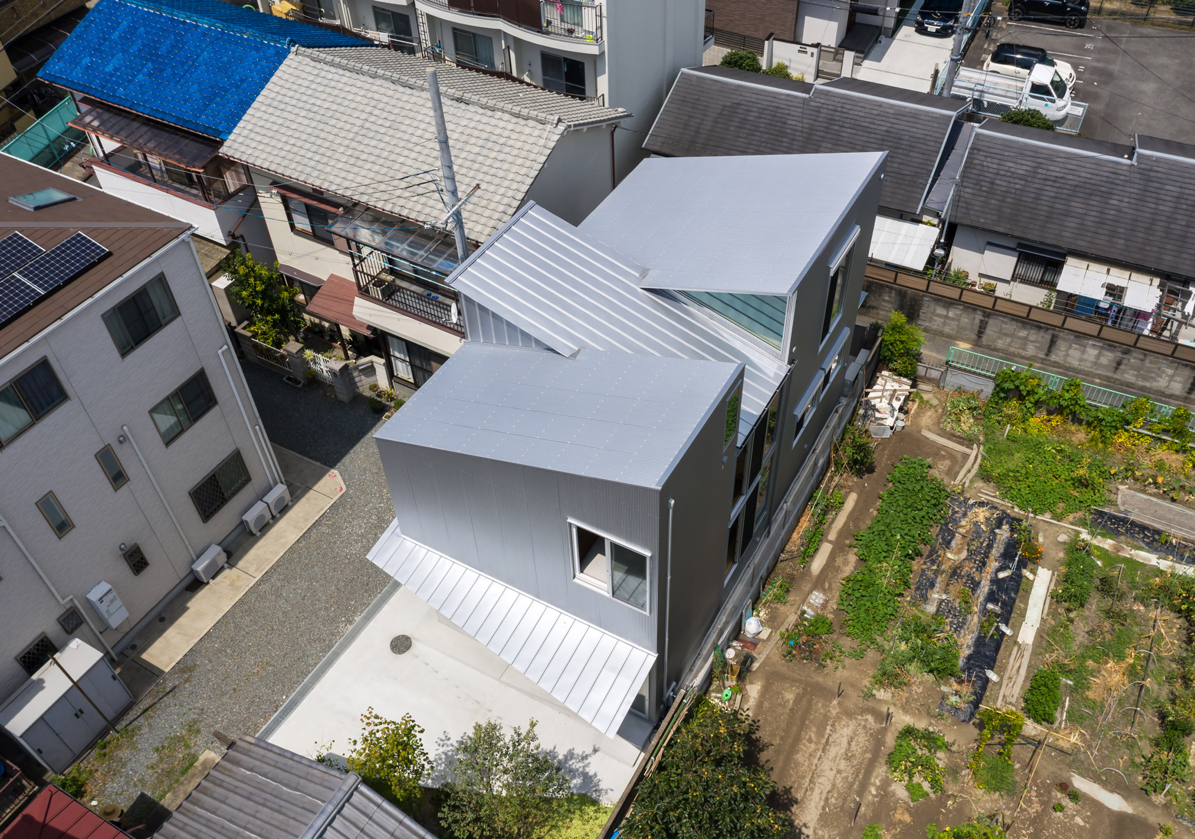 Aerial view of a metal-clad house in Japan