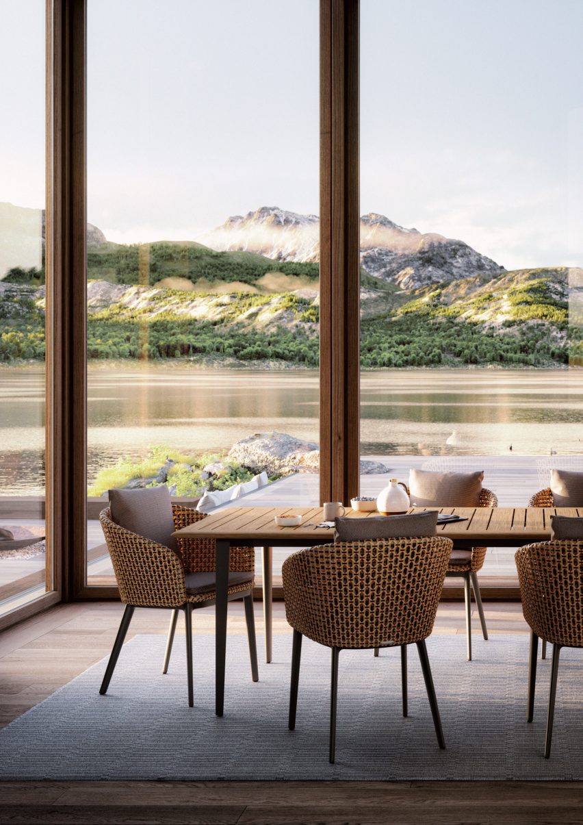 Chairs in dining room with mountain view