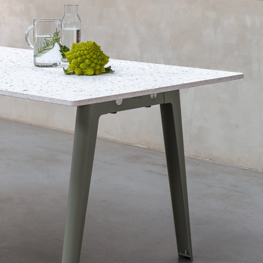 New Modern table with a recycled plastic top and eucalyptus green legs by Tiptoe