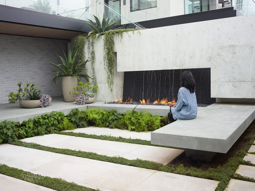 Outdoor fireplace at home in USA