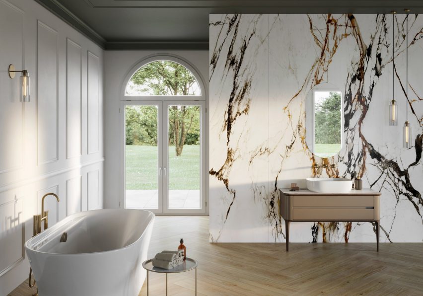 A white bathroom with marble-effect walls