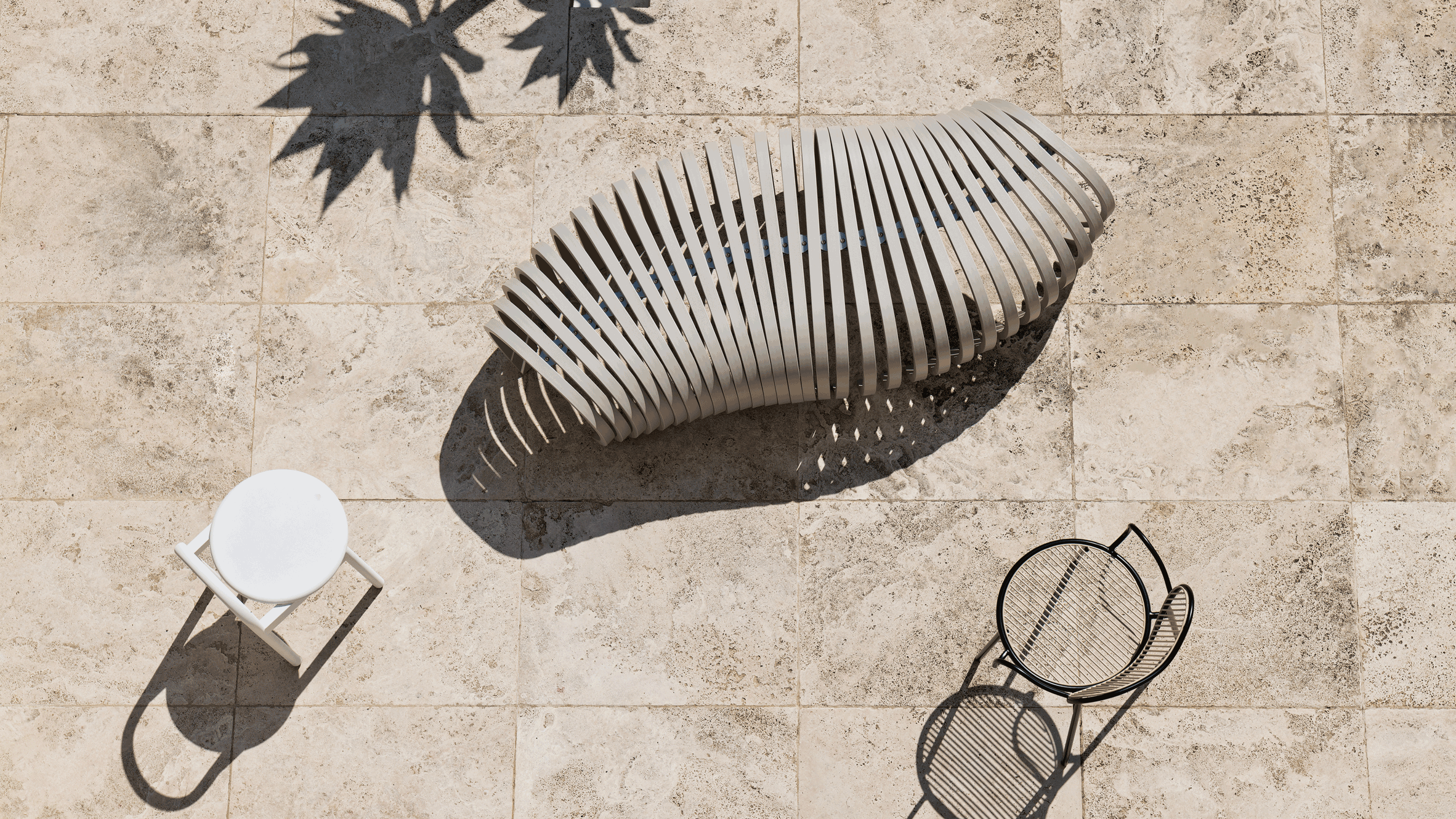 Aerial shot of the Ribs outdoor bench by Stefan Lie for DesignByThem
