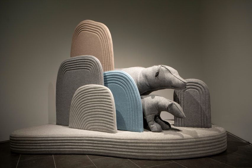 Grey and blue-coloured wool sculptures