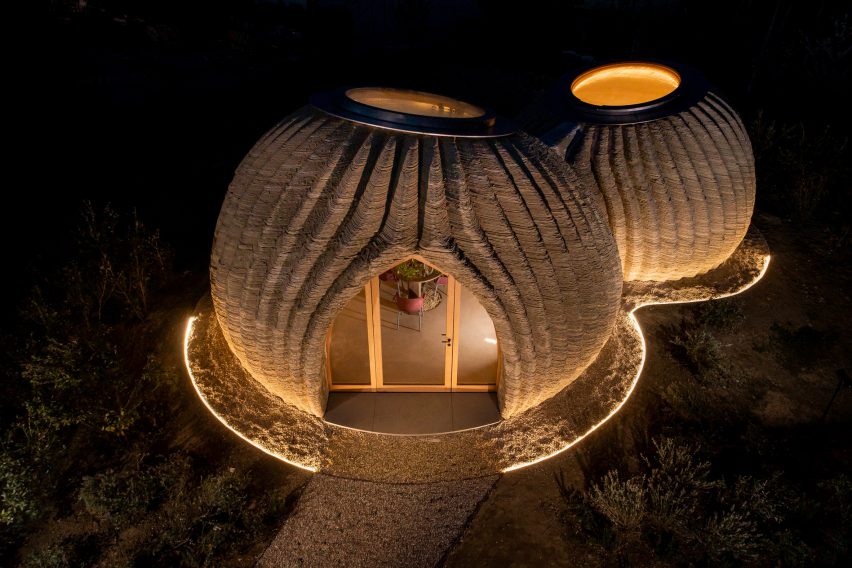 The 3D-printed home has a ribbed exterior