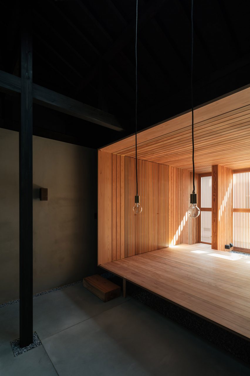 A cedar room inside a dark Japanese house