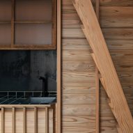 A kitchen with cedar detailing