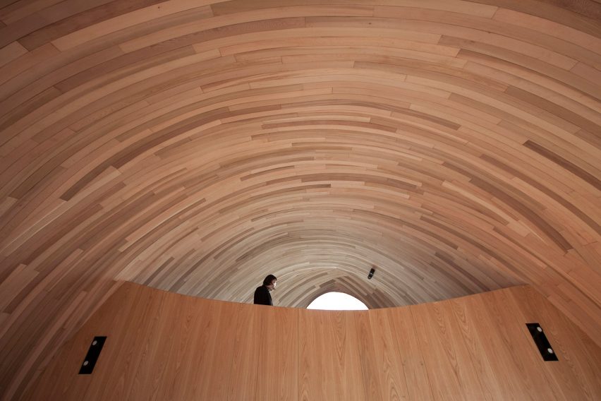The wooden interiors of a Chinese holiday cabin