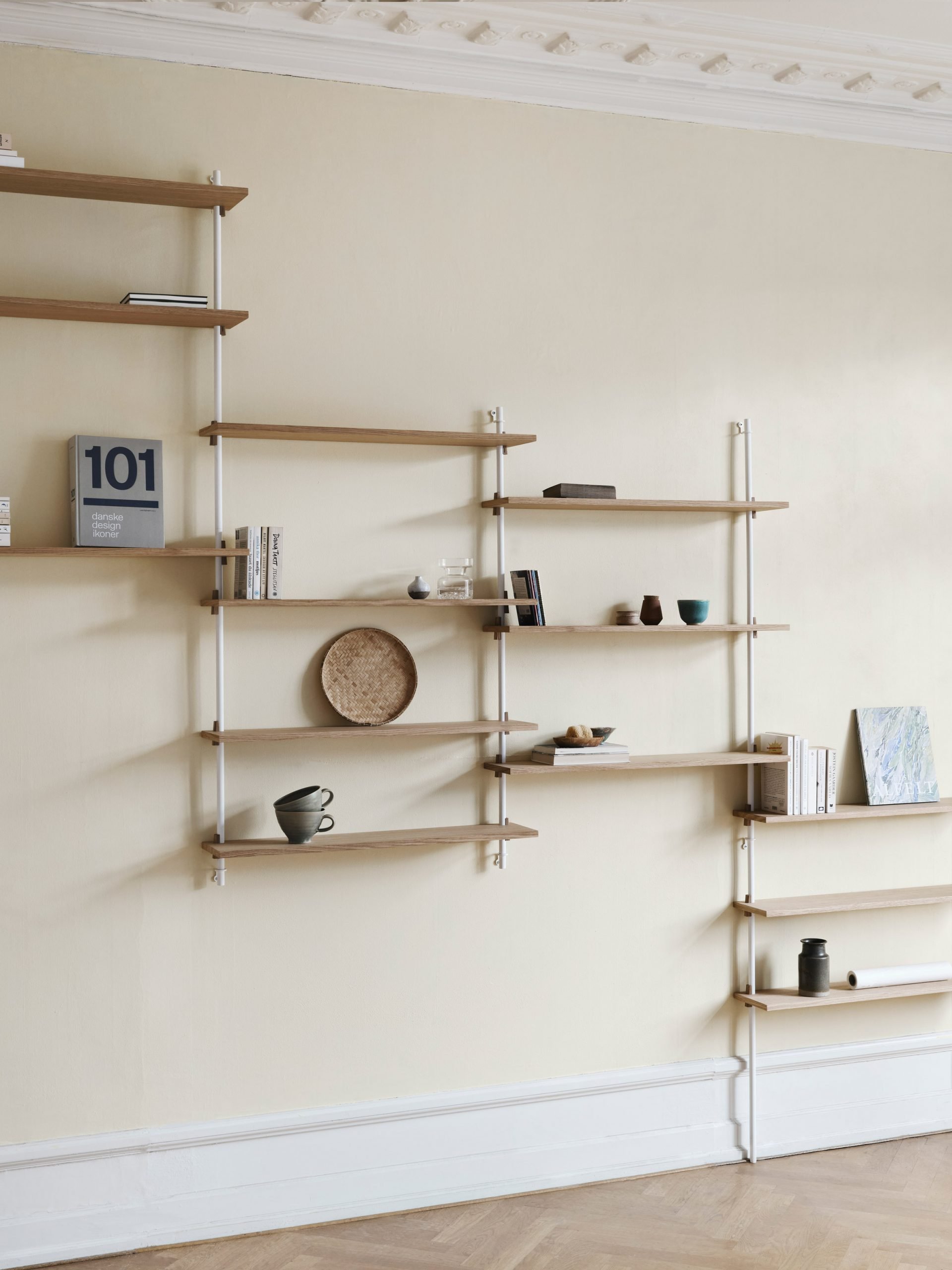 Wall-mounted oak shelves 