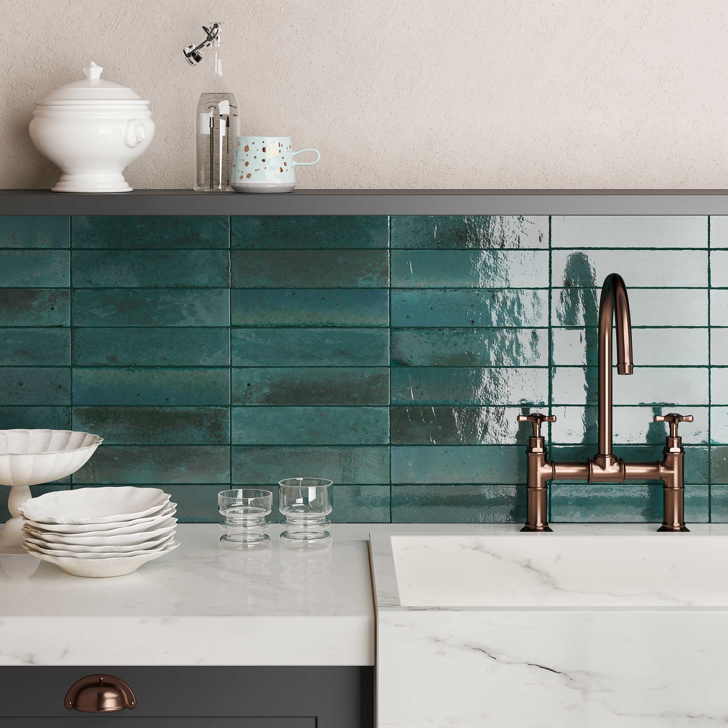 Turquoise tiled wall around a sink