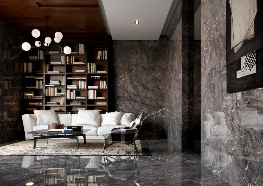 Luxurious living room with dark marble