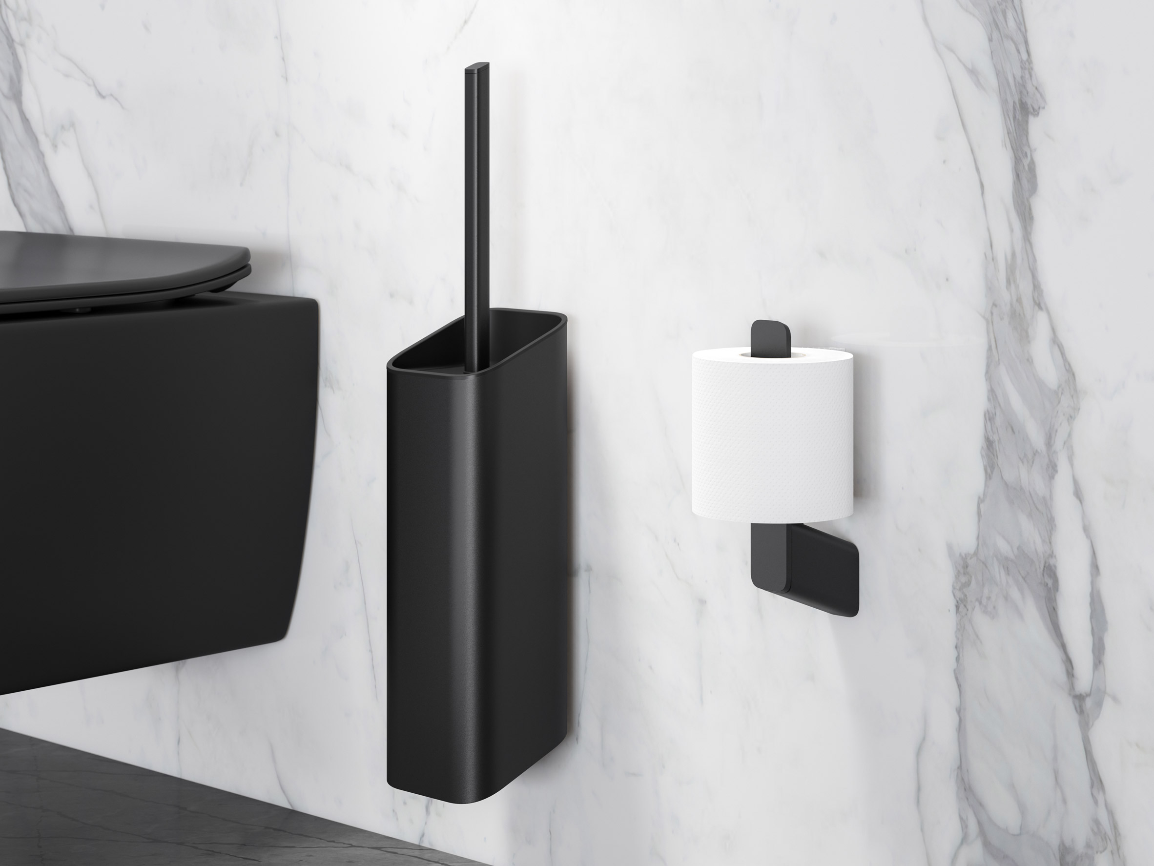 Single toilet roll holder with matching black accessories
