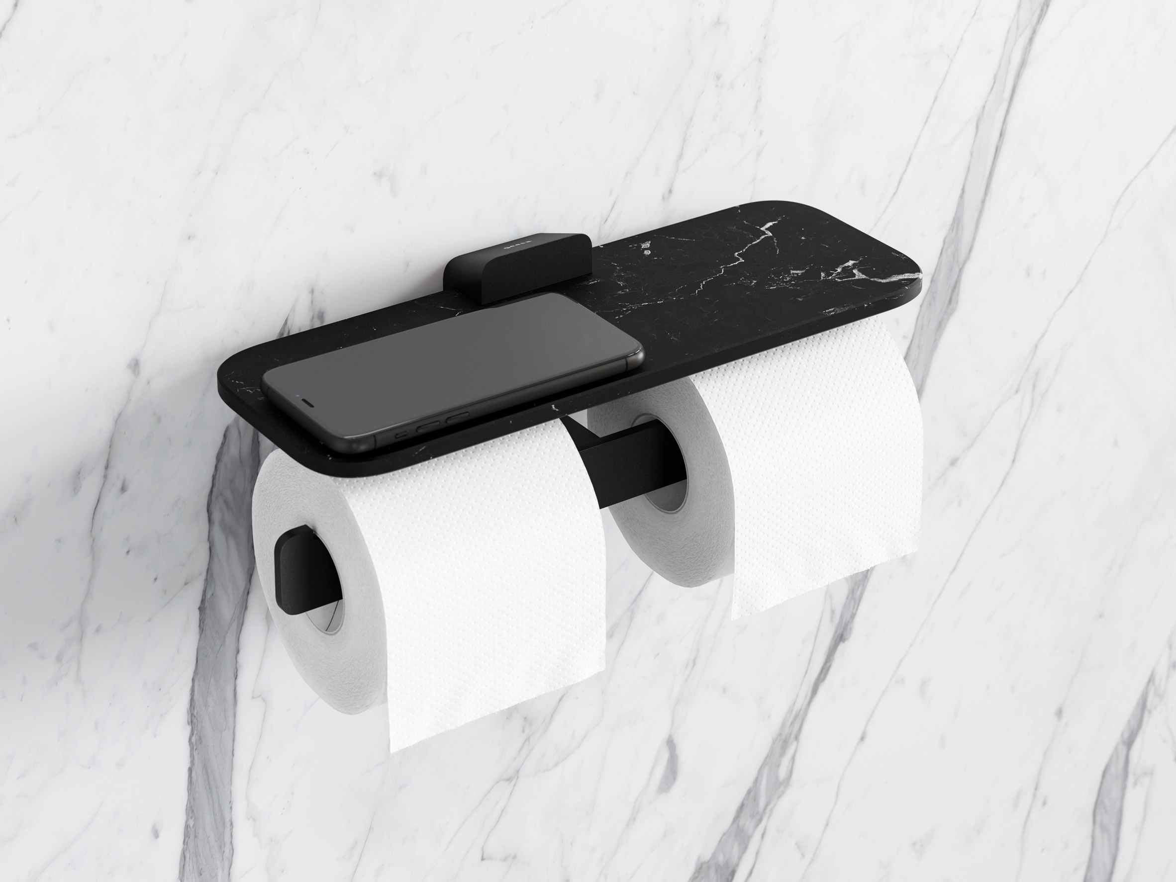 Marble shelf on a Geesa double toilet roll holder
