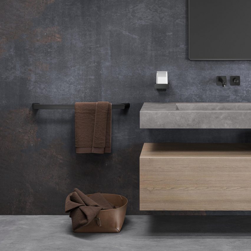 Bathroom sink with black Geesa Shift 60-centimetre towel rail