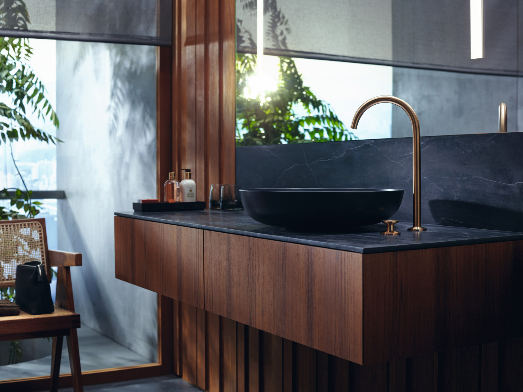 Bathroom featuring the AXOR One faucet by Barber & Osgerby