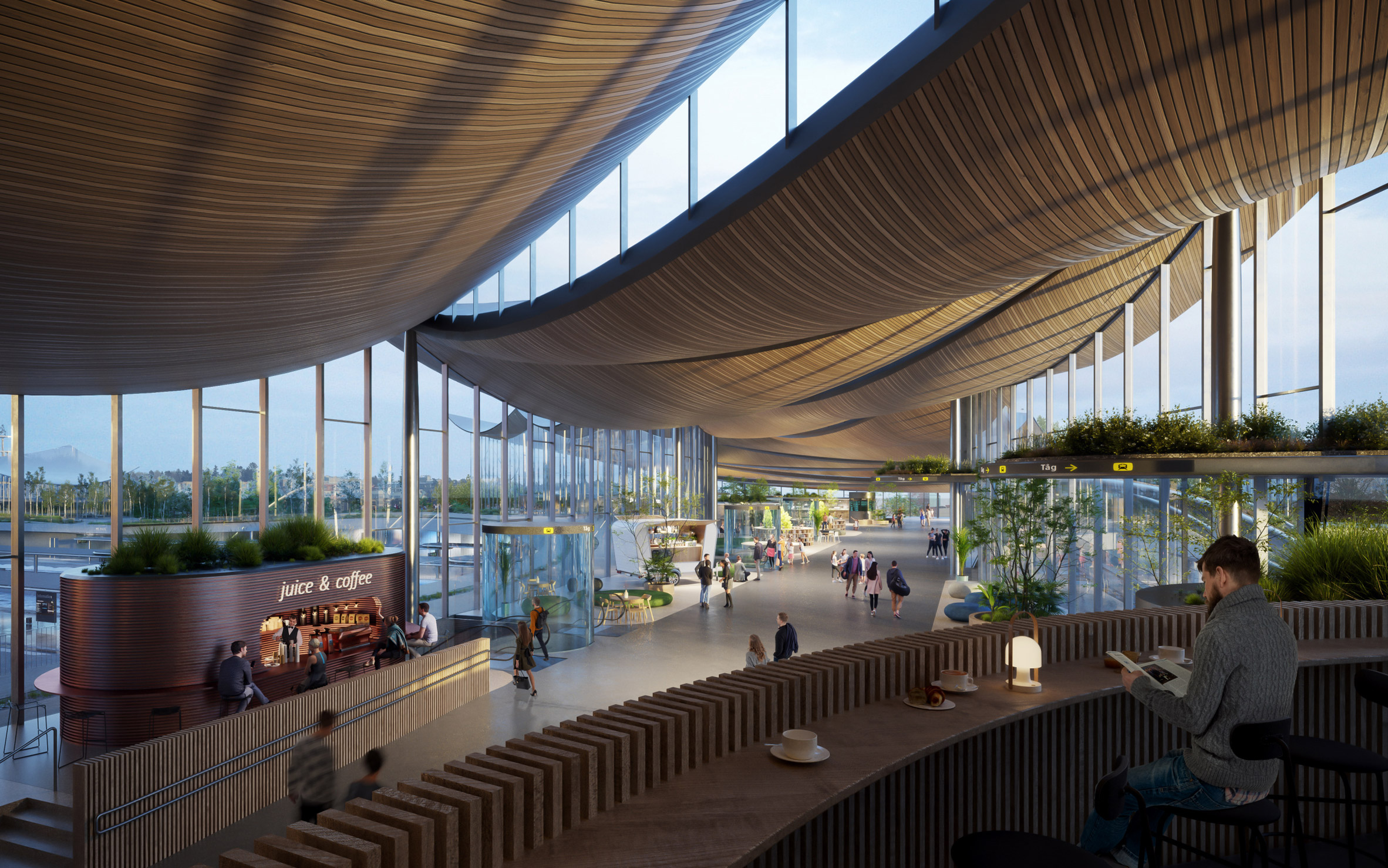 Curved timber ceiling on Vasteras Travel Center by BIG
