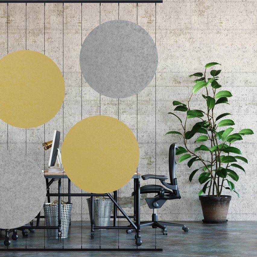 Grey and yellow acoustic room divider by Jeffrey Ibanez for Impact Acoustic