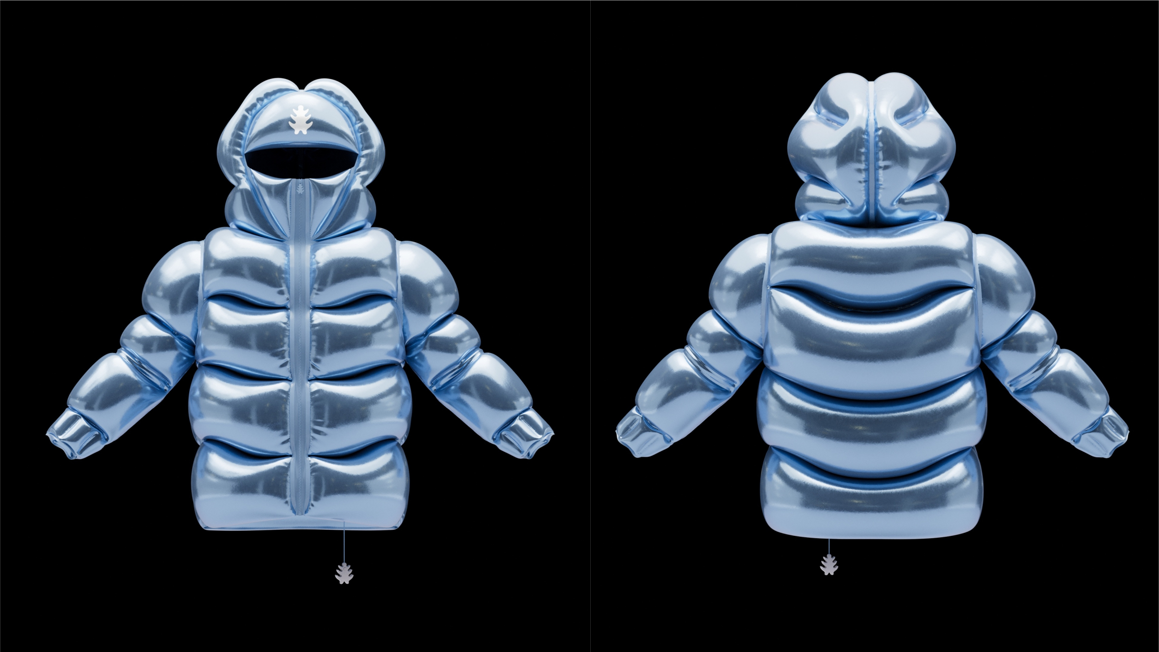 Front and back view of inflatable floating jacket in blue by Andrew Kostman