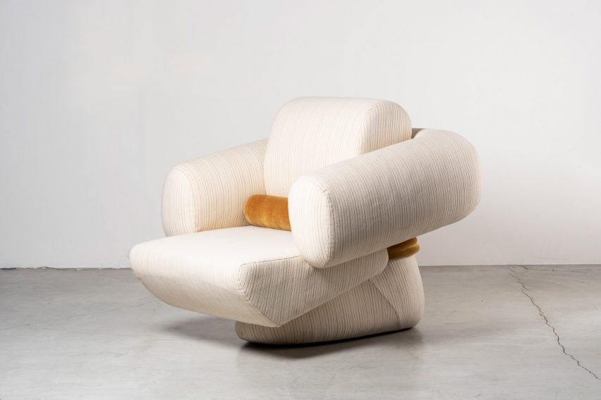 White Transformers armchair with vintage cotton upholstery