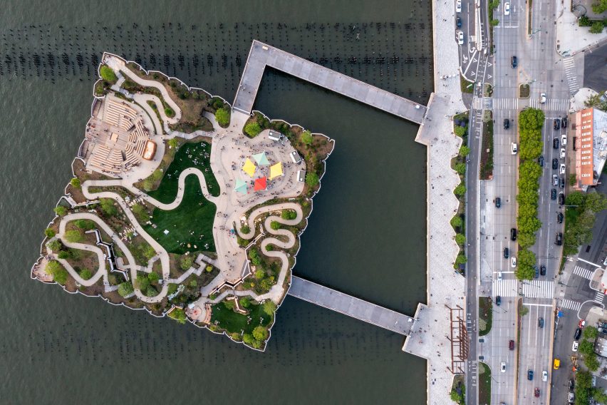 Pathways and performance venues of Little Island seen from above