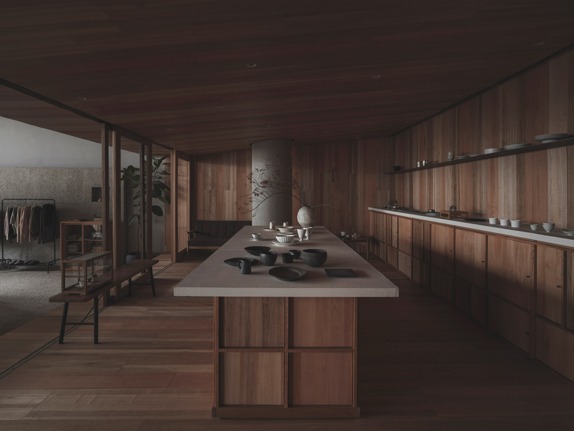 Wooden cabin with central isle in Lost & Found Hangzhou store