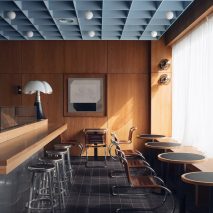 Maido restaurant by Child Studio with cherry wood panelling and soft blue coffered ceiling