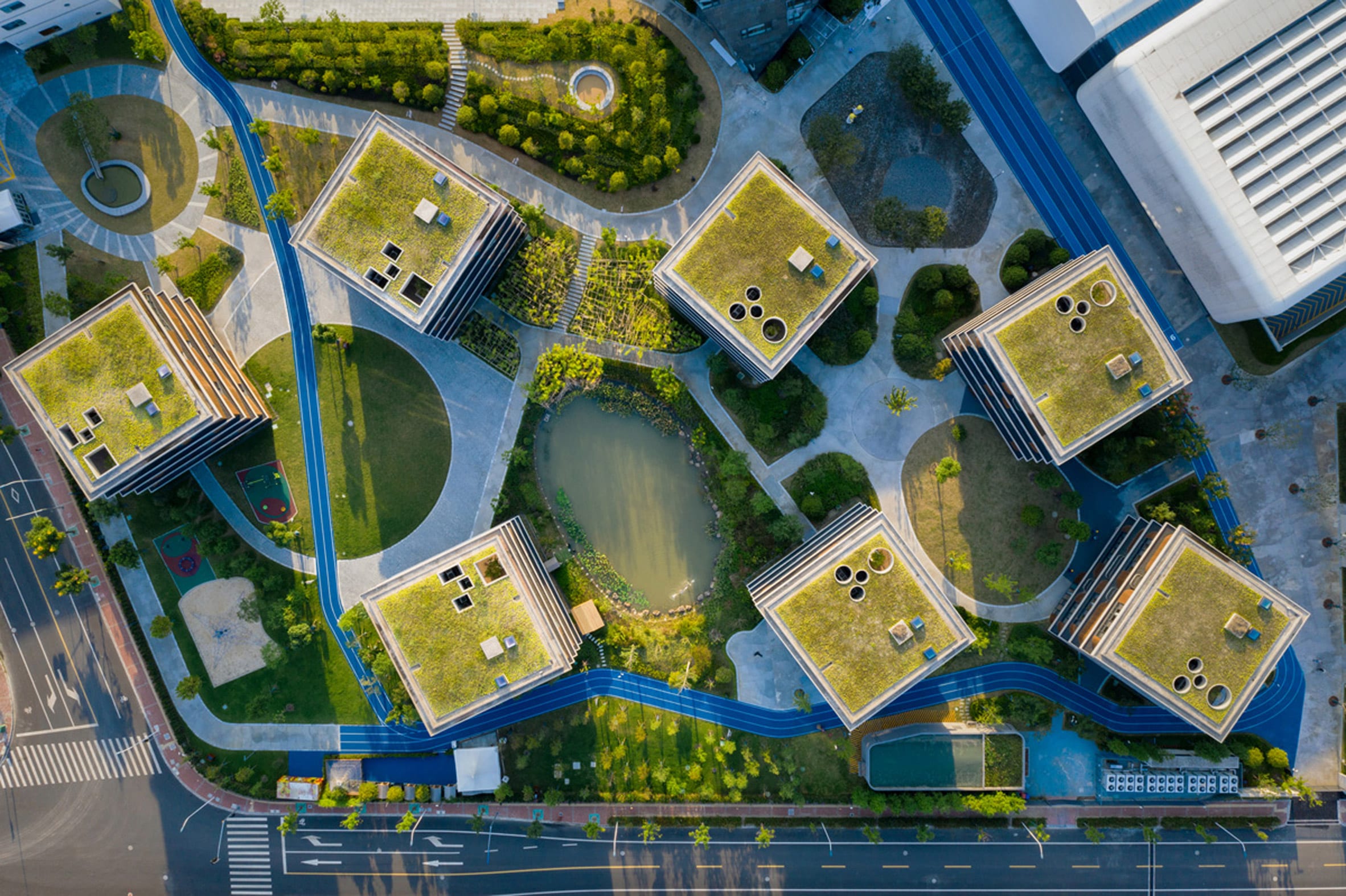 Aerial view of classrooms at Shanghai Qingpu Pinghe International School by Open Architecture