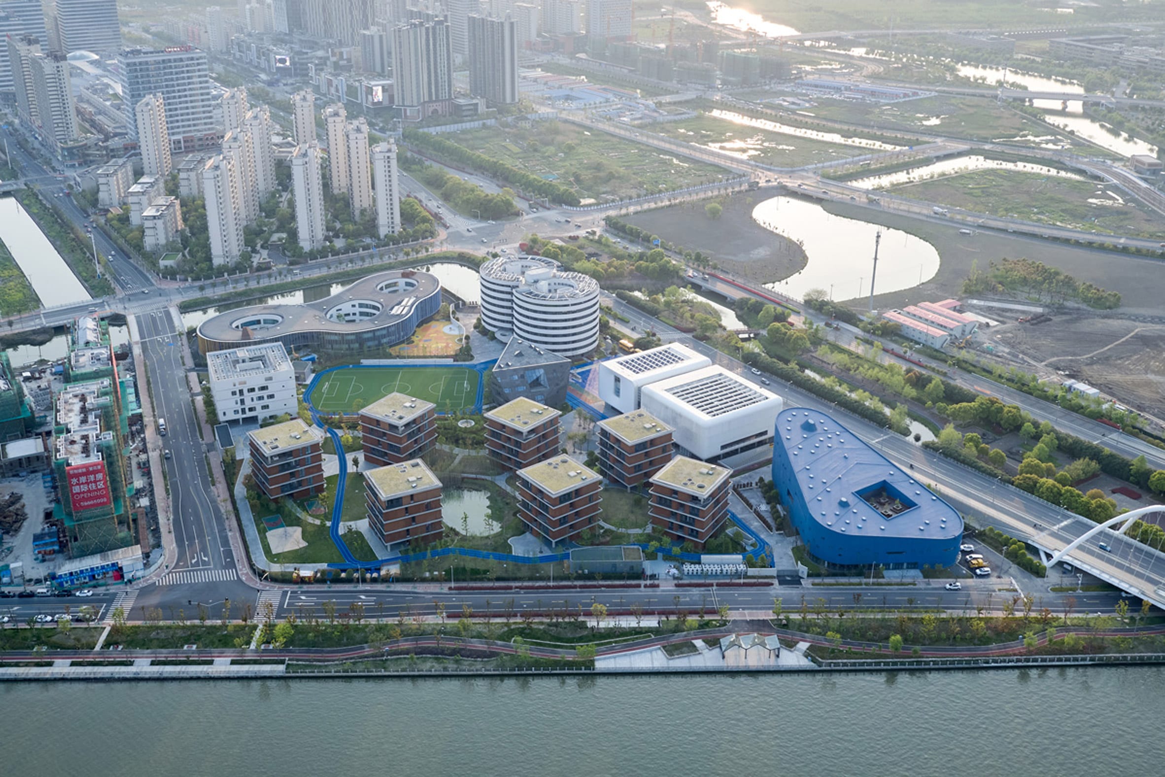 Aerial view of Shanghai Qingpu Pinghe International School by Open Architecture