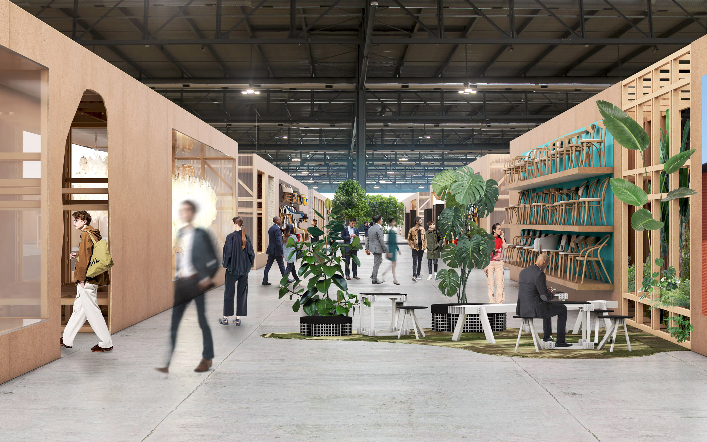 Renders of products displayed on walls at Salone del Mobile 2021