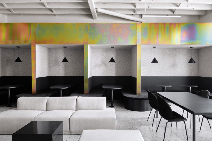 Rainbow-coloured elements feature in the office