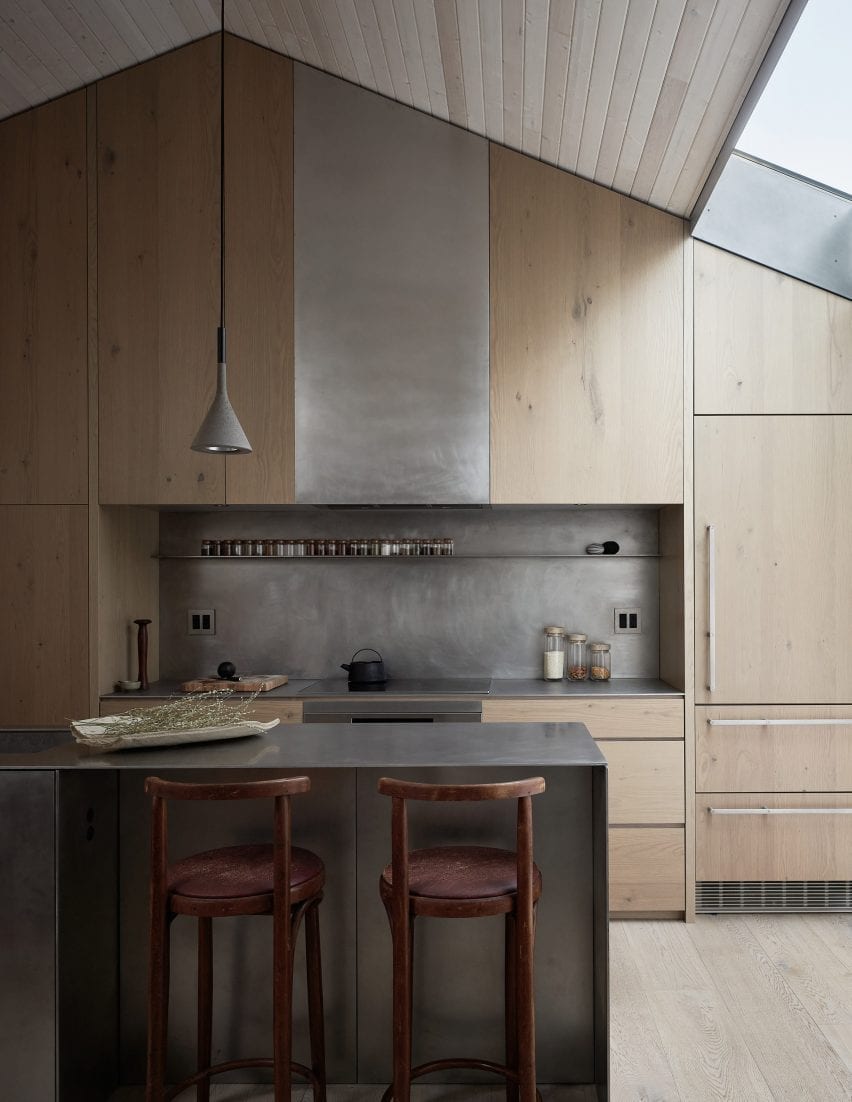 Skylights and wood panelling feature in the kitchen