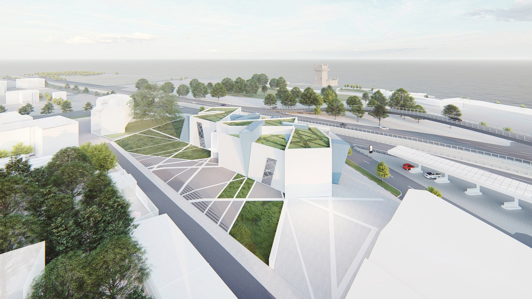 A visual of a white museum with green roofs