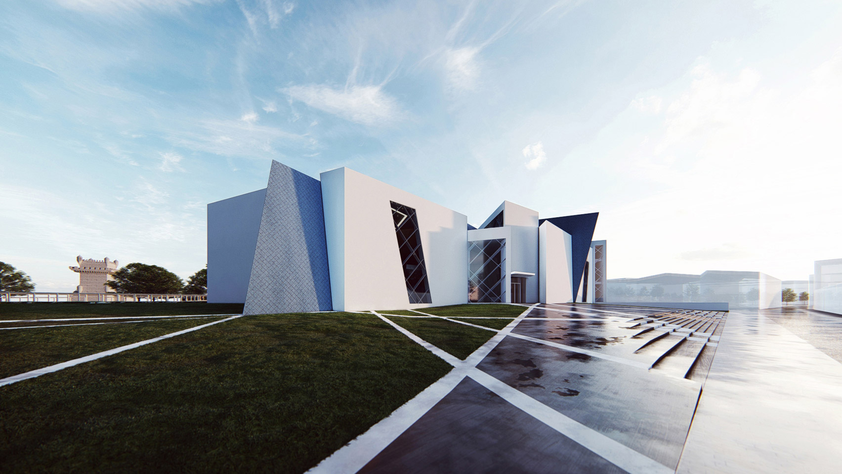 A visual of a museum with a white geometric exterior