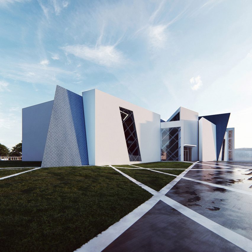 A render of a museum with a white exterior