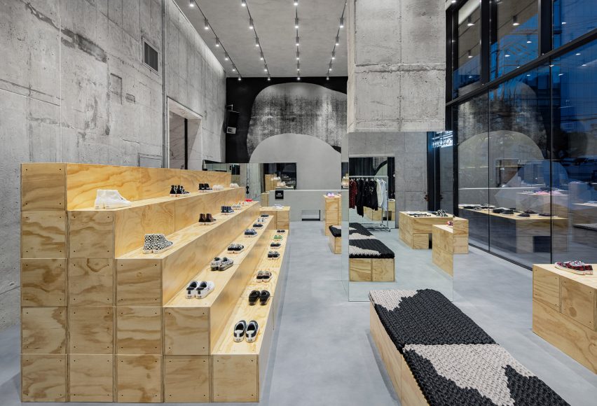 Concrete walls and ceiling in clothing store