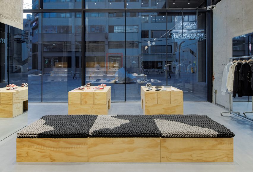 Textile-covered plywood bench in 