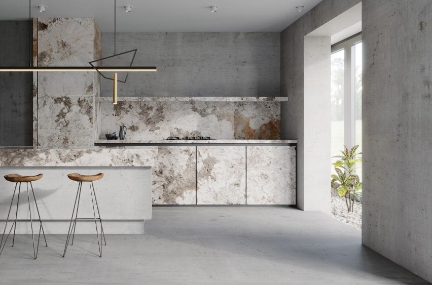 Patagonia porcelain marble-effect tile by Apavisa in a kitchen