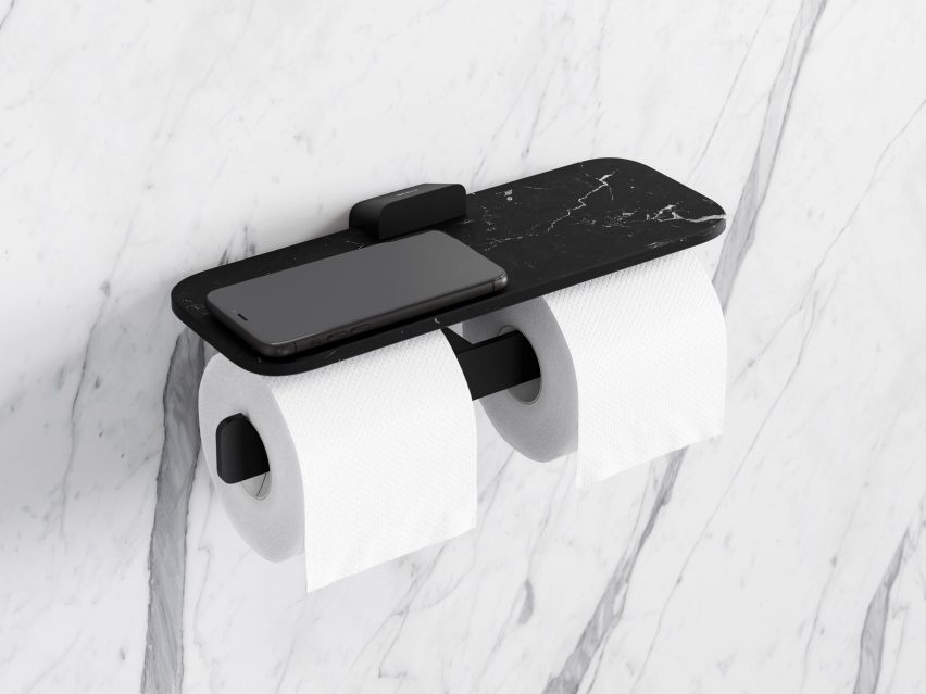 Shift double toilet roll holder with black marble shelf