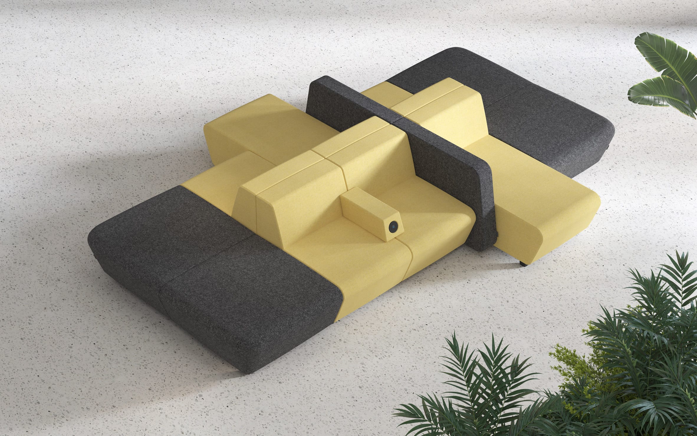 Yellow and grey modular seating with armrests that have in-built chargers