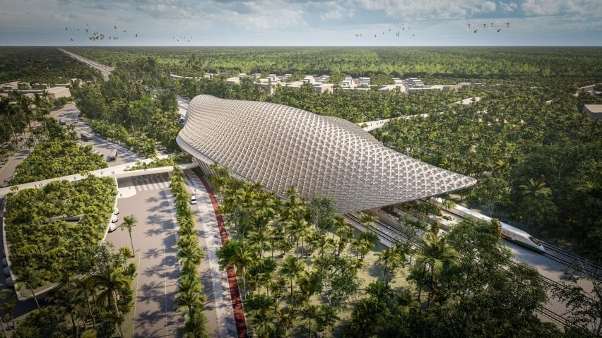 Render of the exterior of a train station for the Tren Maya railway through Tulum