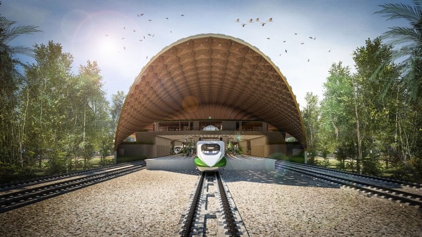 Curving roof over a railway station planned for Mexico