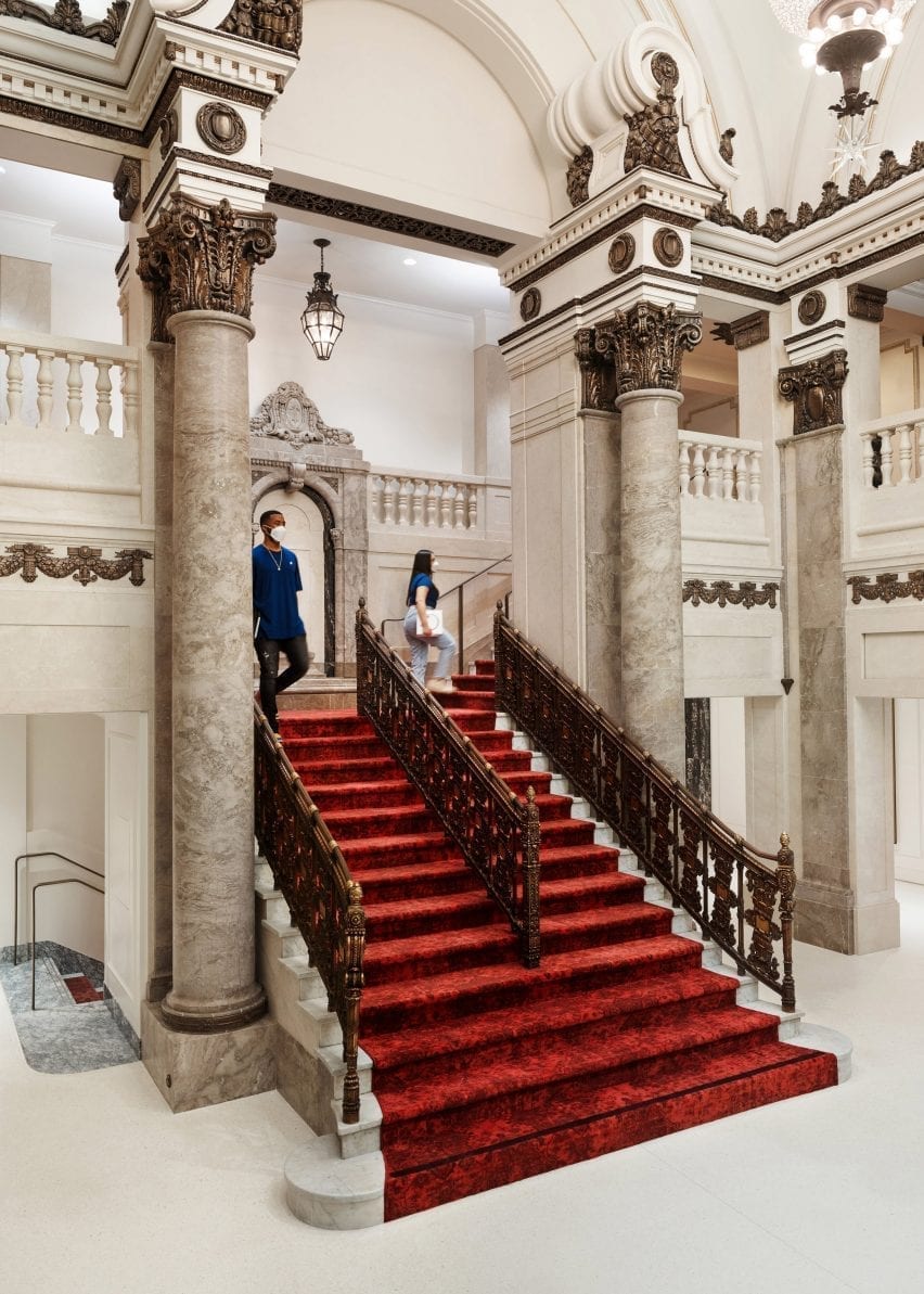 Red carpet and marble columns in the restored Tower Theatre