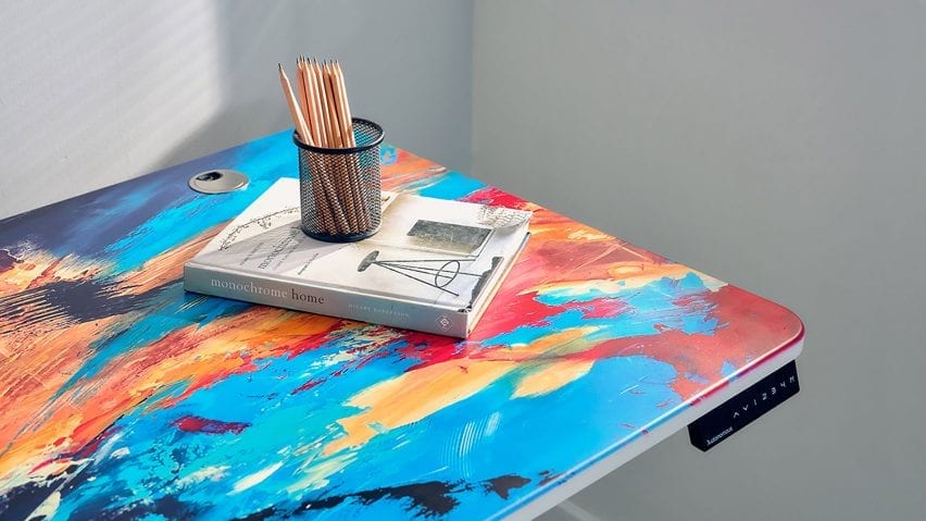 Close-up of SmartDesk with printed graphic by Orin Carpenter